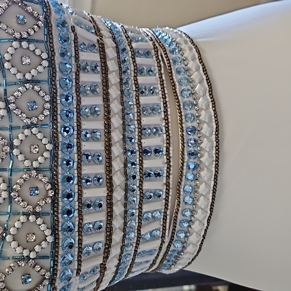 Size 6 white Sherri Hill gown with blue and bronze color tone beadwork - Picture 5 of 15